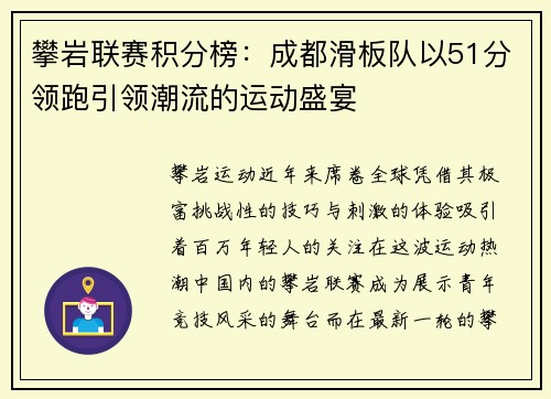 攀岩联赛积分榜：成都滑板队以51分领跑引领潮流的运动盛宴