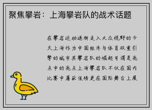 聚焦攀岩：上海攀岩队的战术话题