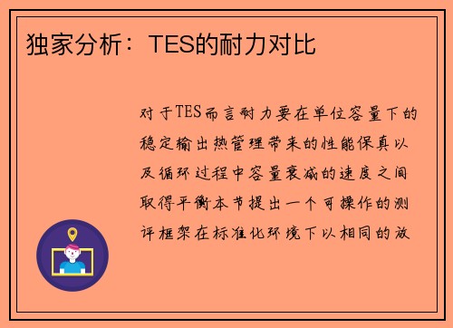 独家分析：TES的耐力对比