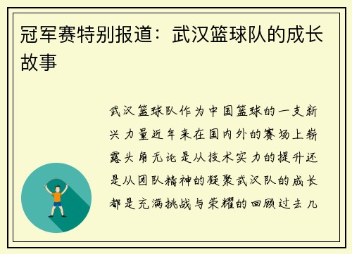 冠军赛特别报道：武汉篮球队的成长故事