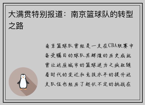 大满贯特别报道：南京篮球队的转型之路